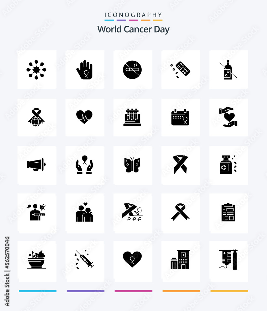 Creative World Cancer Day 25 Glyph Solid Black icon pack  Such As world. cigarette. ribbon. no smoking. day