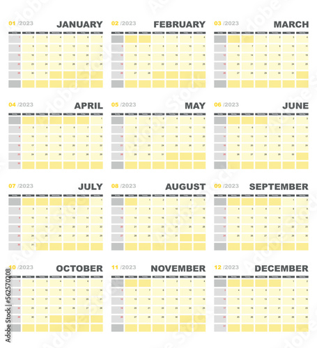 Calendar for 2023 in yellow and gray colors. Week starts on sunday.