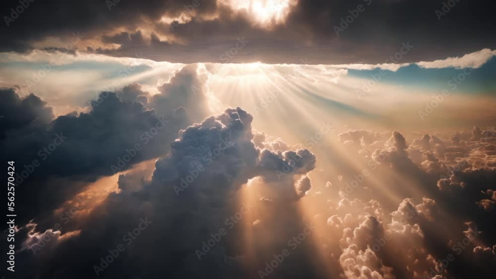 An aerial shot above beautiful sunset clouds with sun shining through fog, detailed picturesque view, camera moving into amazing cloudscape with beautiful light rays, realistic CG animation.