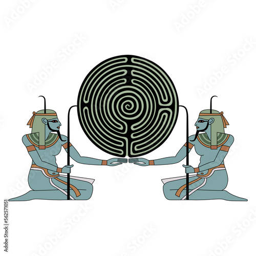 Two ancient Egyptian gods or pharaohs holding a round spiral maze or labyrinth symbol. Nile god Hapi. Creative concept. Mystery of knowledge.