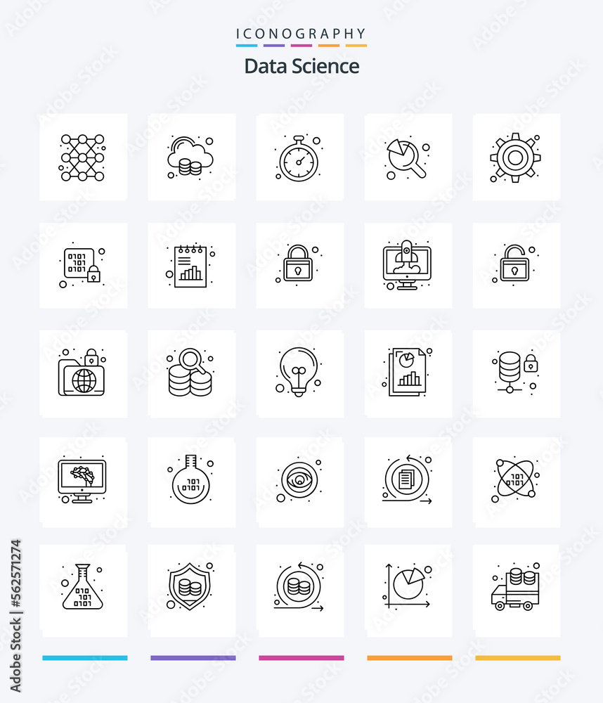 Creative Data Science 25 OutLine icon pack  Such As cogwheel. search. big data. graph. time