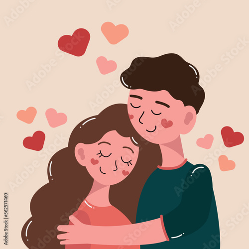Love tenderness and romantic feelings concept.Young loving smiling couple boy and girl.Drawing for valentine s day.Cute couple in love.