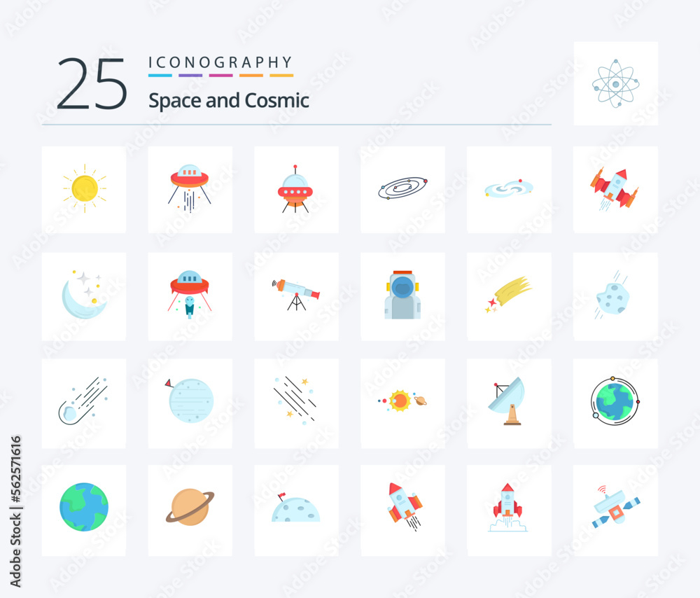 Space 25 Flat Color icon pack including spaceship. universe. rocket. system. astronomy