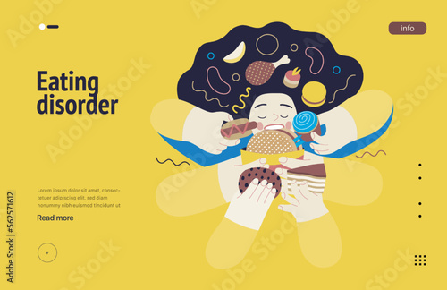 Mental disorders web template. Eating disorder - modern flat vector illustration of a woman stuffing herself meeting with a stress experience. People emotional, psychological, mental traumas concept