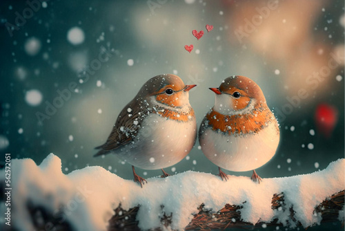couple bird in winter scene valentine card, AI generate