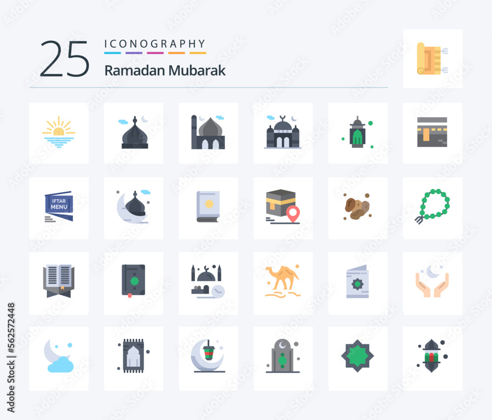 Ramadan 25 Flat Color icon pack including roza. menu. pray. iftar. islam