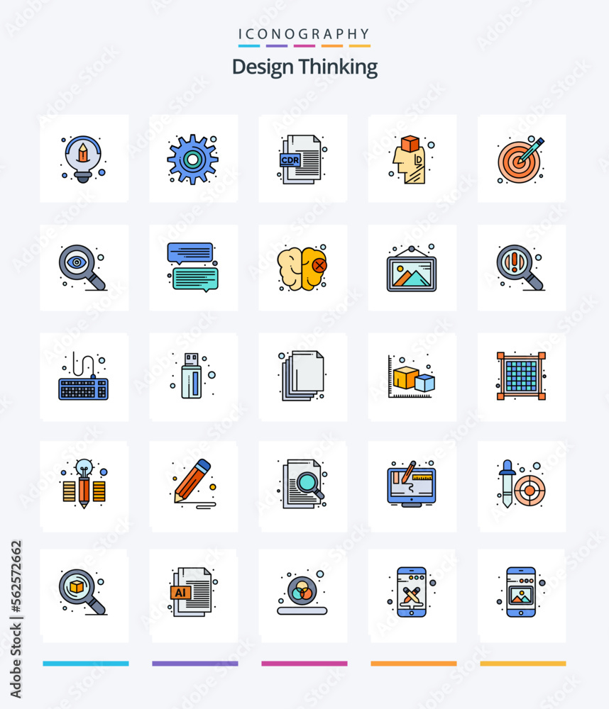 Creative Design Thinking 25 Line FIlled icon pack  Such As target. design. cdr format. idea. brainstorming