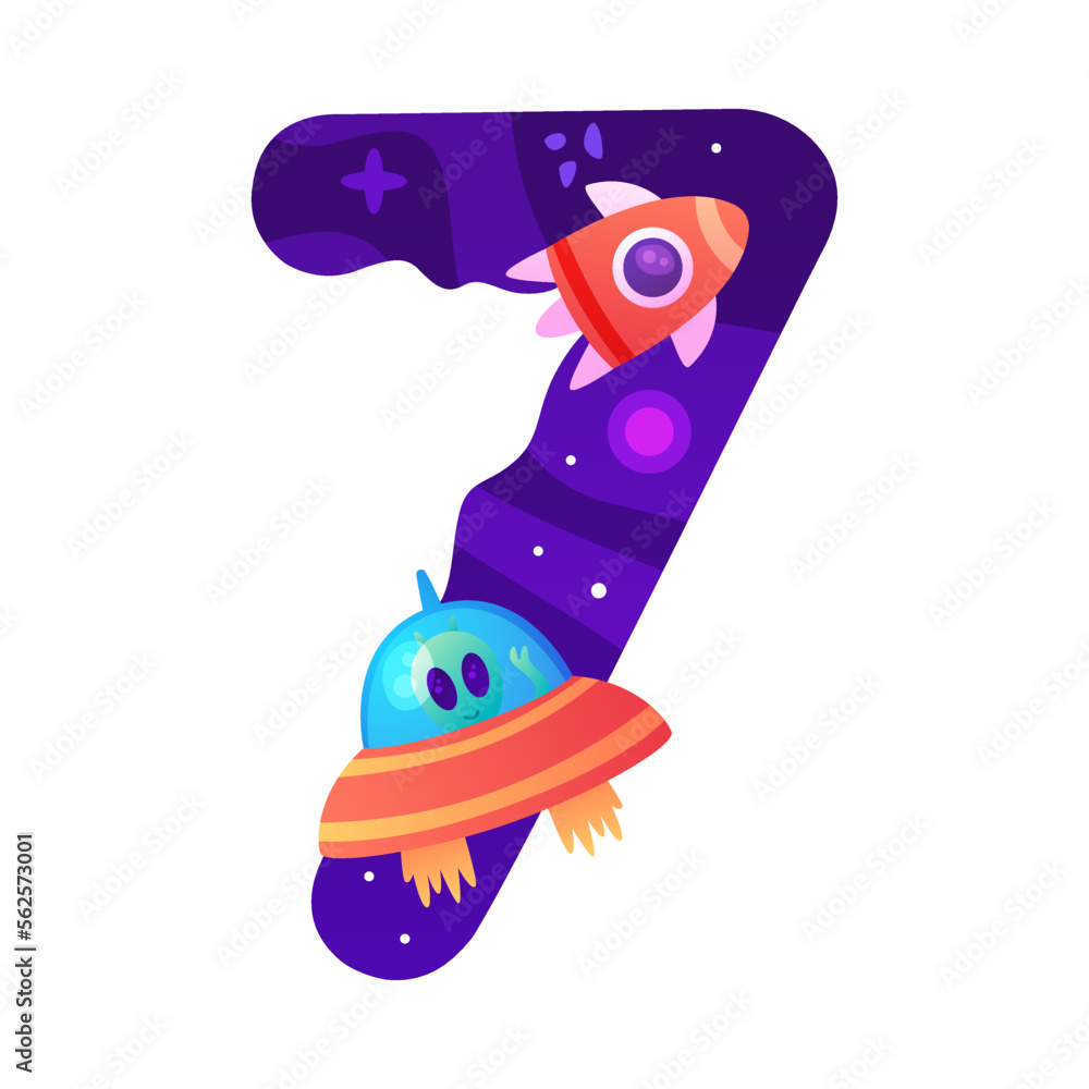 Number Seven Space Lettering Space Number Seven as Cosmic Numeral with Rocket and Ufo Shuttle Vector ...