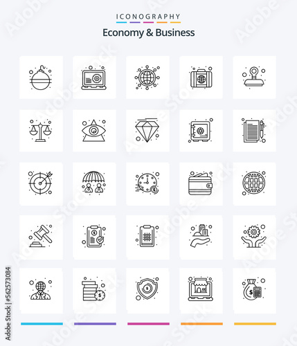 Creative Economy And Business 25 OutLine icon pack Such As approved. world. network. portfolio. browser