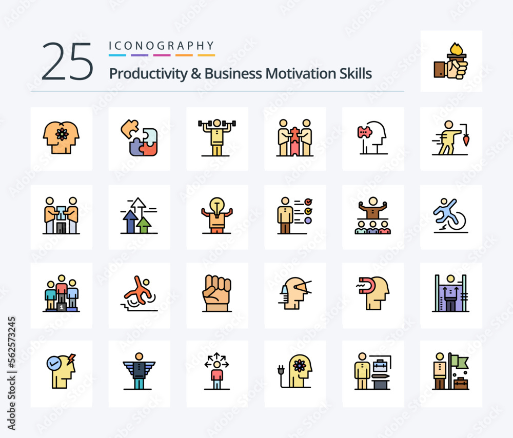Productivity And Business Motivation Skills 25 Line Filled icon pack including cooperation. partners collaboration. puzzle. strength. human
