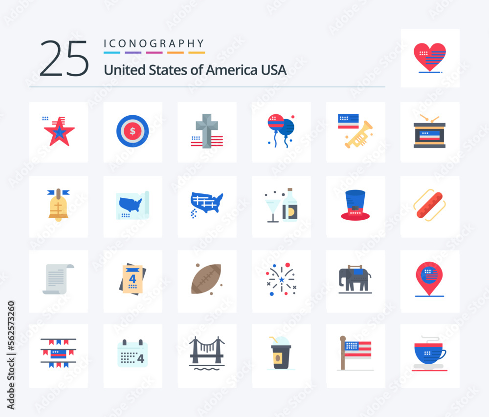 Usa 25 Flat Color icon pack including american. speaker. cross. flag. fly