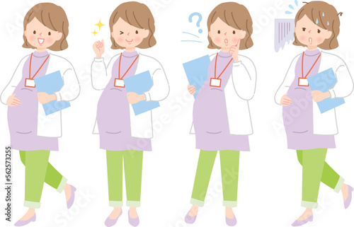 働く妊婦さんの表情イラストセット