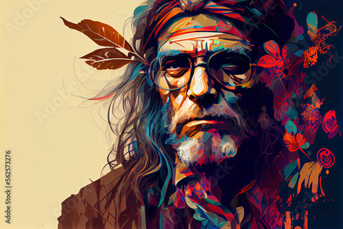 Old man with glasses  beard and long hair wearing head band and feathers  Generative AI