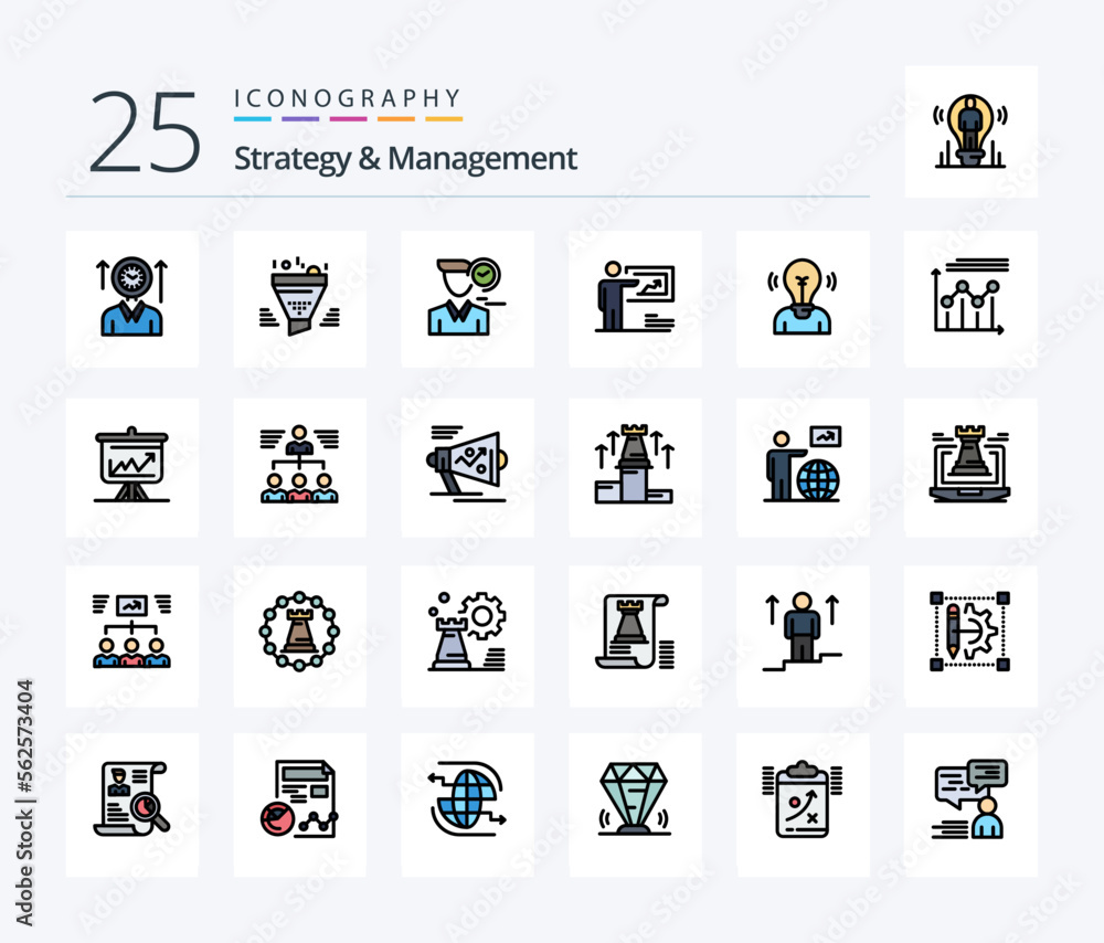 Strategy And Management 25 Line Filled icon pack including strategy. presentation. tool. appointment. male