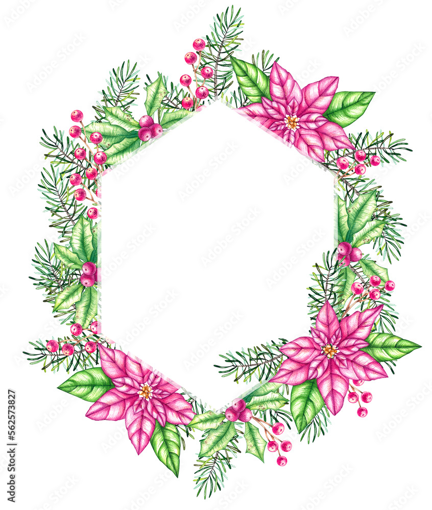 Watercolor hexagonal frame with Christmas plants