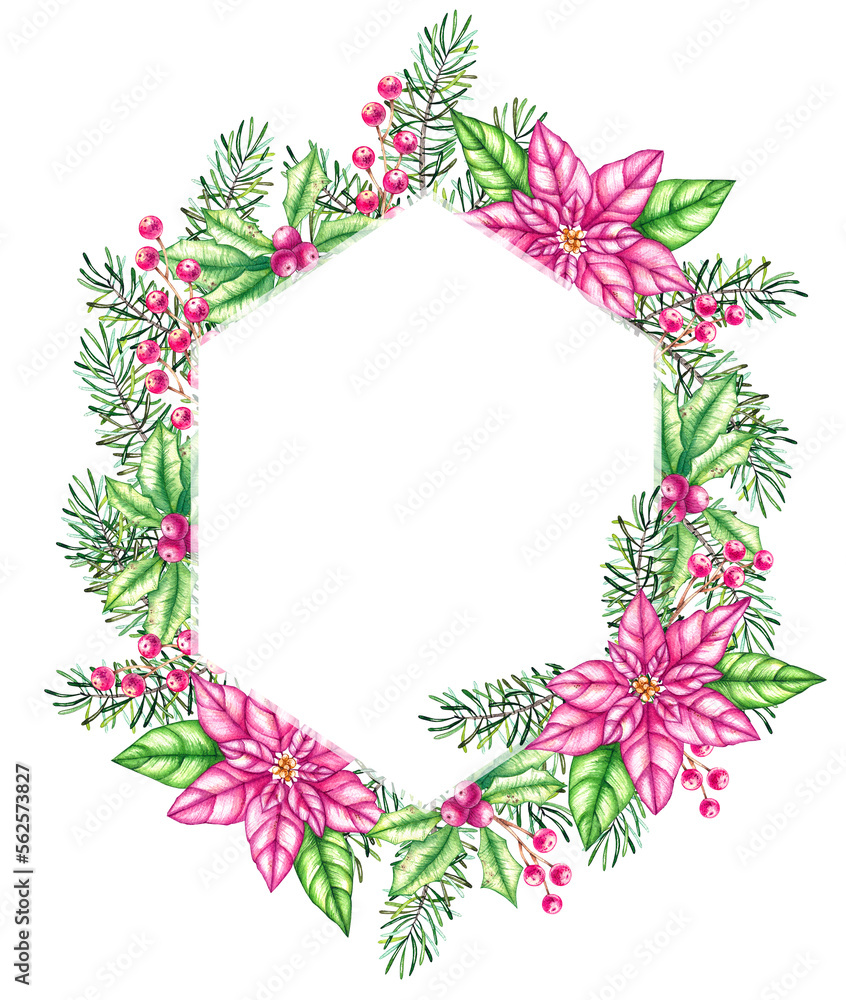 Watercolor hexagonal frame with Christmas plants Watercolor hexagonal frame with Christmas plants