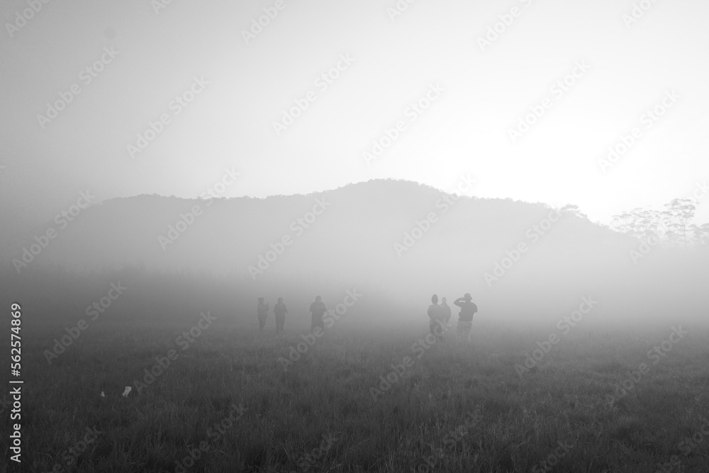 kids in the foggy hills