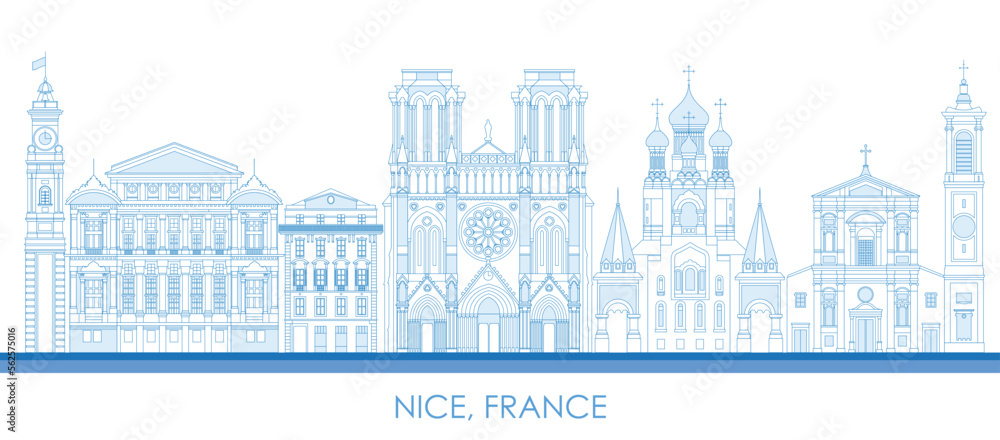 Outline Skyline panorama of City of Nice, France - vector illustration