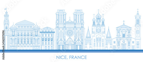 Outline Skyline panorama of City of Nice, France - vector illustration