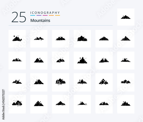 Mountains 25 Solid Glyph icon pack including hill. mountain. mountain. birds. hill