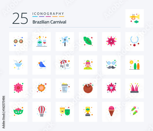 Brazilian Carnival 25 Flat Color icon pack including necklace. floral. windmill. sunflower. quinn feather