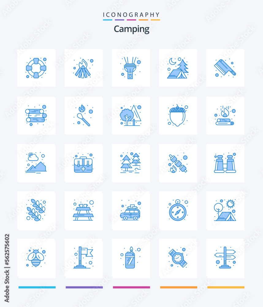 Creative Camping 25 Blue icon pack  Such As wood. energy. torch. knife. cleaver
