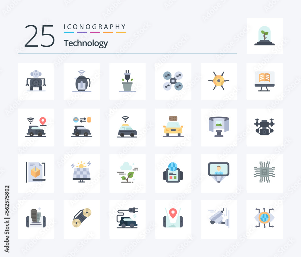 Technology 25 Flat Color icon pack including computer. network. plant. decentralized. quad copter
