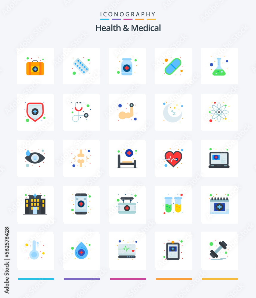 Creative Health And Medical 25 Flat icon pack  Such As medical insurance. test. capsule. science. flask