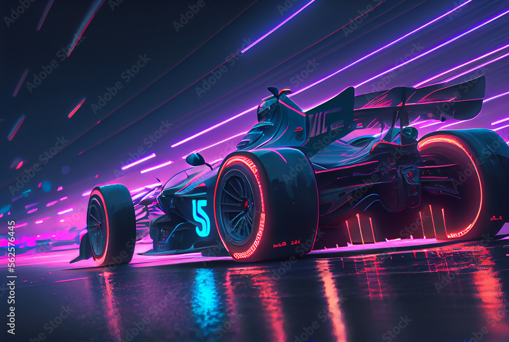 Racing for open-wheel single-seater racing car on neon lights street
