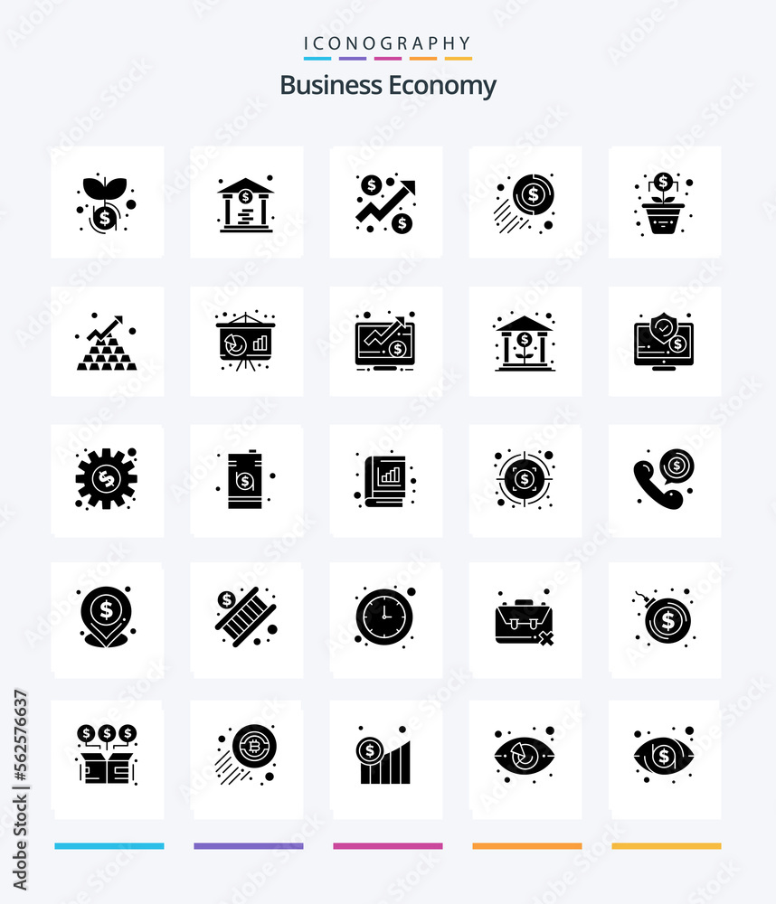 Creative Economy 25 Glyph Solid Black icon pack  Such As bars. money. dollar. growth. money