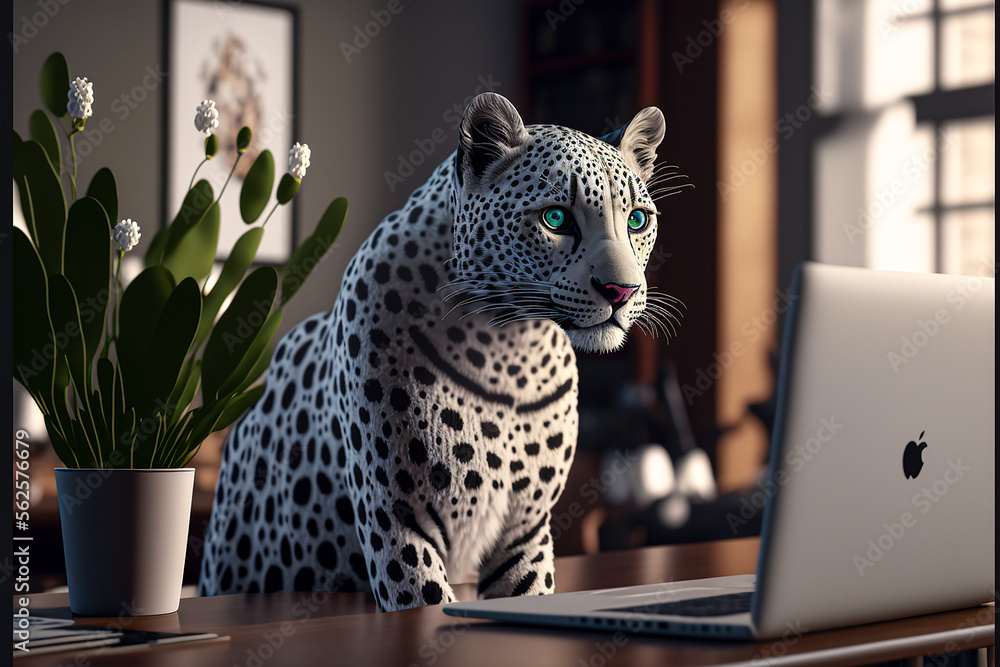 Jaguar responsável olhando para sua tela de computador. Generative AI. - obrazy, fototapety, plakaty 