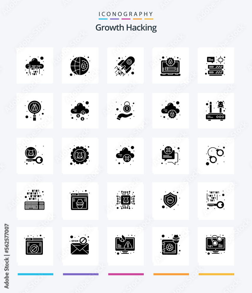 Creative Hacking 25 Glyph Solid Black icon pack  Such As datacenter. profile. settings. lock. space