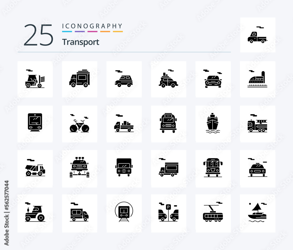 Transport 25 Solid Glyph icon pack including travel. transport. car. train. transport