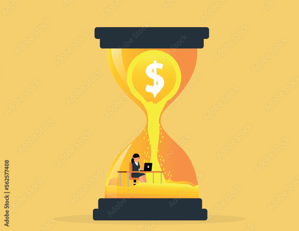 Time management control, Business deadline concept. Business woman work hard at computer in sandglass.