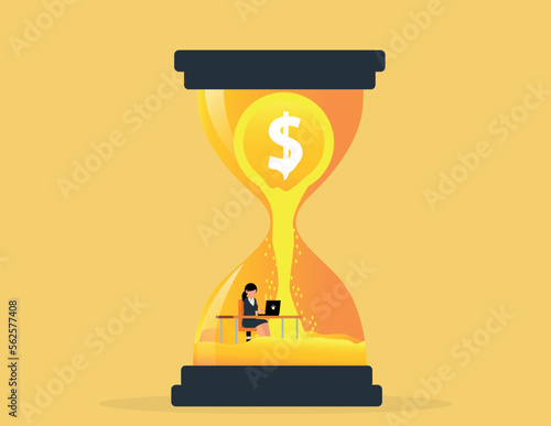 Time management control, Business deadline concept. Business woman work hard at computer in sandglass.