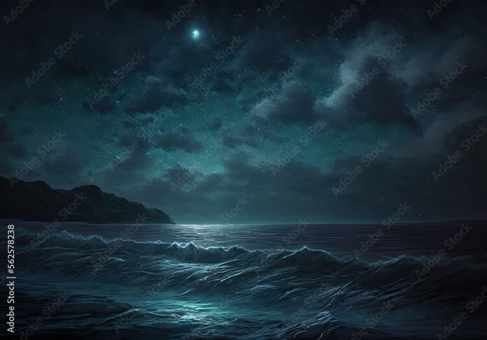 ocean in the night with beautiful stars created with Generative AI technology