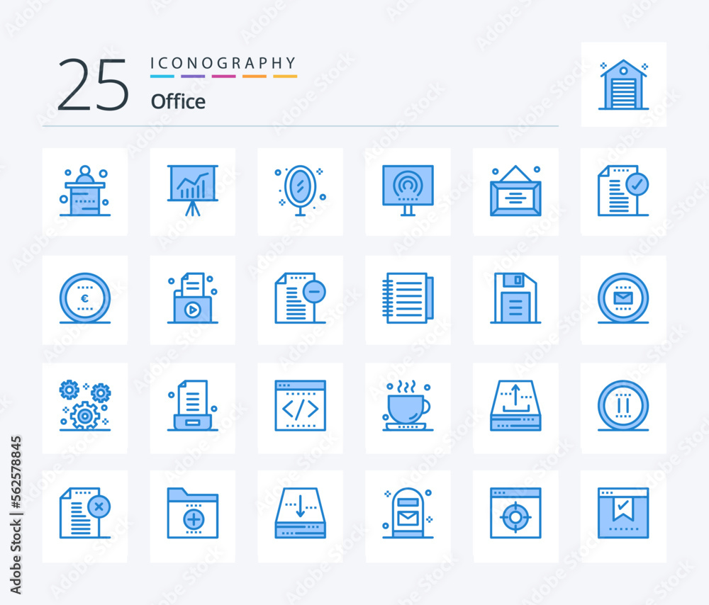 Office 25 Blue Color icon pack including stream. radio. furniture. office. reflection