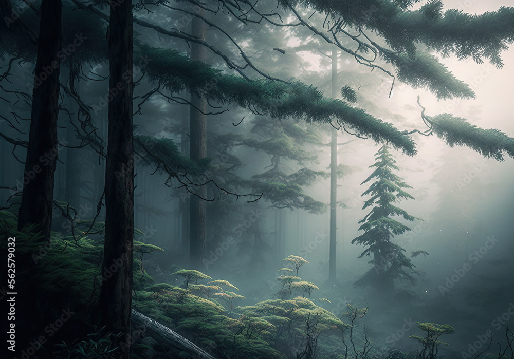 misty morning in the woods created with Generative AI technology