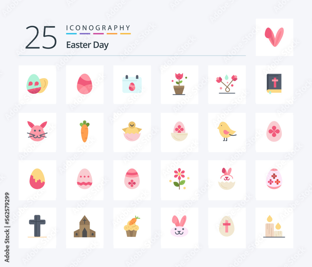 Easter 25 Flat Color icon pack including book. tulip. calender. plant. decoration