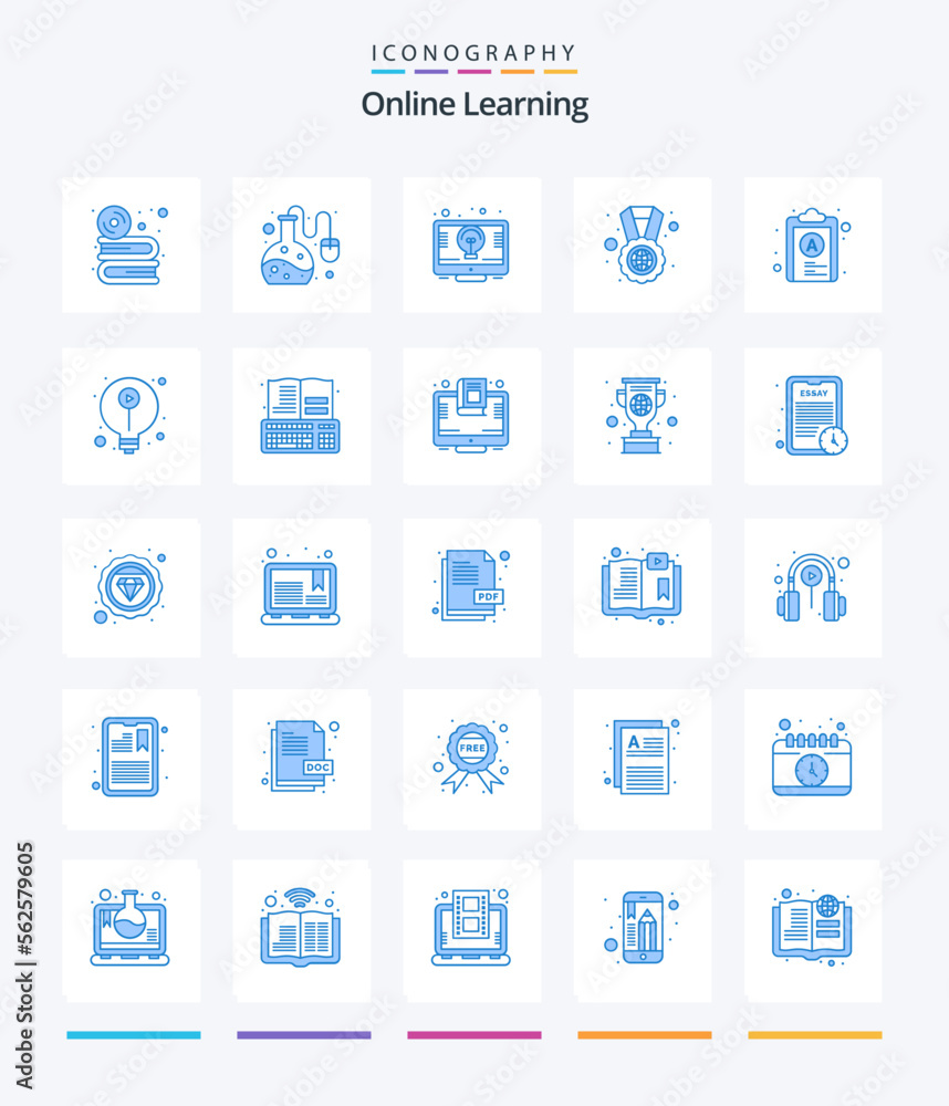 Creative Online Learning 25 Blue icon pack  Such As file. medal. bulb. world. globe