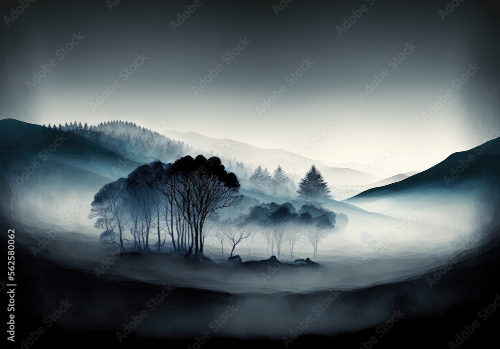 tree in the fog with mountains created with Generative AI technology