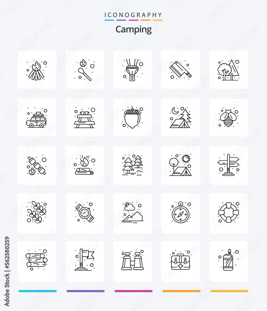 Creative Camping 25 OutLine icon pack  Such As camping. tree. light. jungle. knife