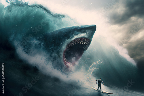 Print op canvas Shark attacks surfer in water, open mouth with great teeth, horror, generative A