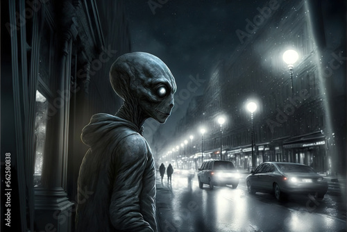 Grey alien from deep space on city street, extraterrestrial humanoid at night, generative AI.