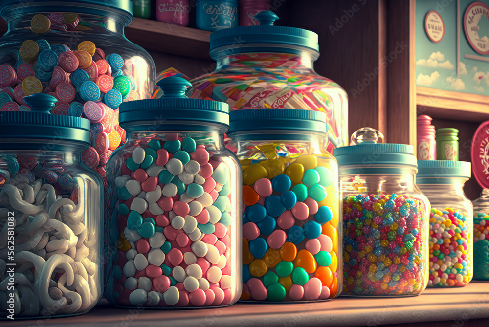 Jars of candy in a candy store. Generative AI Stock Illustration ...