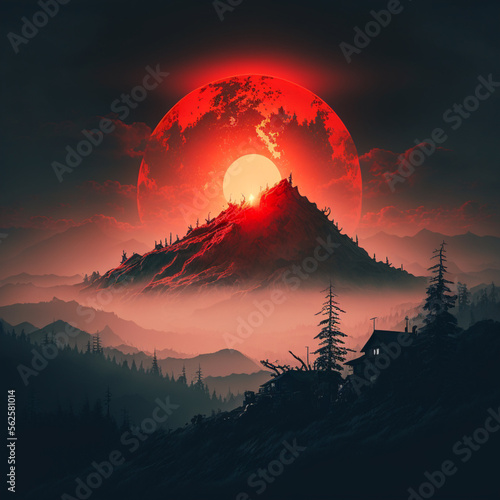 A imagem mostra uma vista deslumbrante da montanha na Ucrânia, com o sol vermelho se pondo no horizonte.  photo