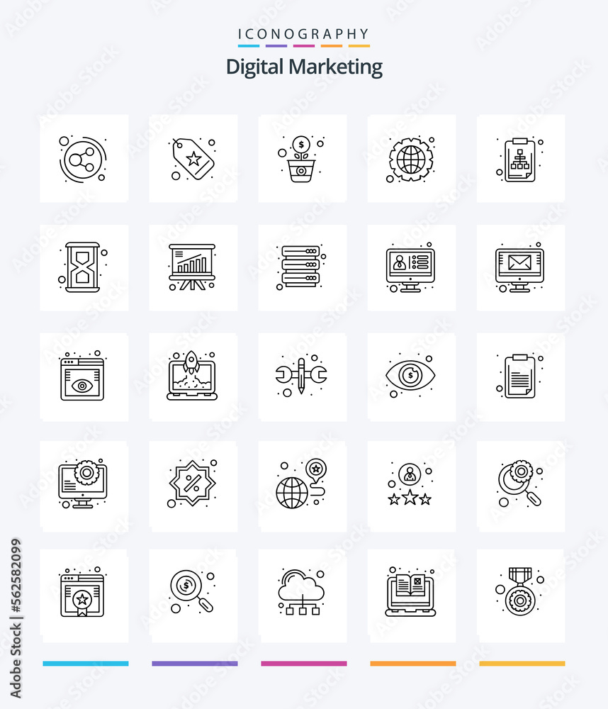 Creative Digital Marketing 25 OutLine icon pack  Such As clipboard. . dollar. settings. data management