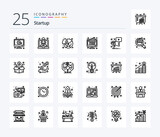 Startup 25 Line icon pack including advertising. monitor. chart. computer. graph