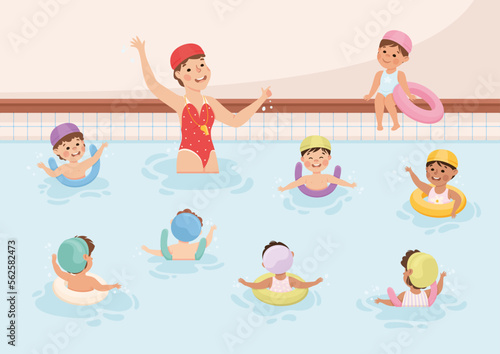 Children in Swimming Pool with Woman Coach Teaching Them Vector Illustration