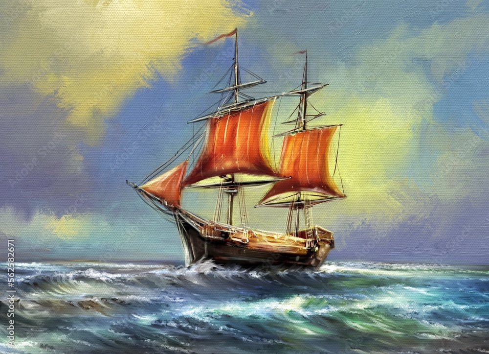 Fototapeta premium Old ship in the sea. Oil paintings landscape, fine art, artwork.